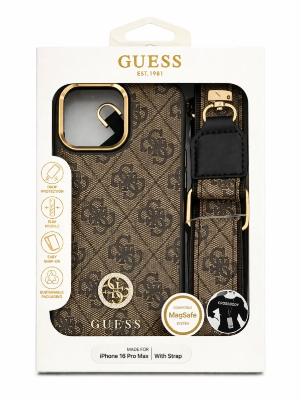 Pack de funda para iPhone de la marca Guess con estampado de logotipos en color marrón y correa ajustable a juego con su funda.
