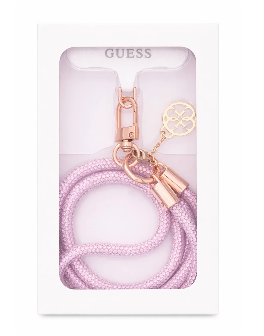 Correa bandolera de Guess rosa con cristales brillantes, mosquetón metálico y colgante con logotipo 4G.