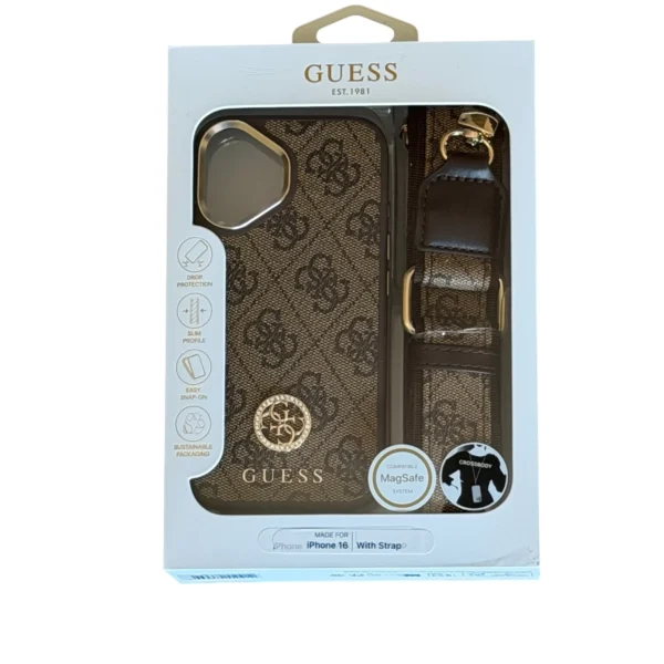 Pack de funda para iPhone de la marca Guess con estampado de logotipos en color marrón y correa ajustable a juego con su funda.