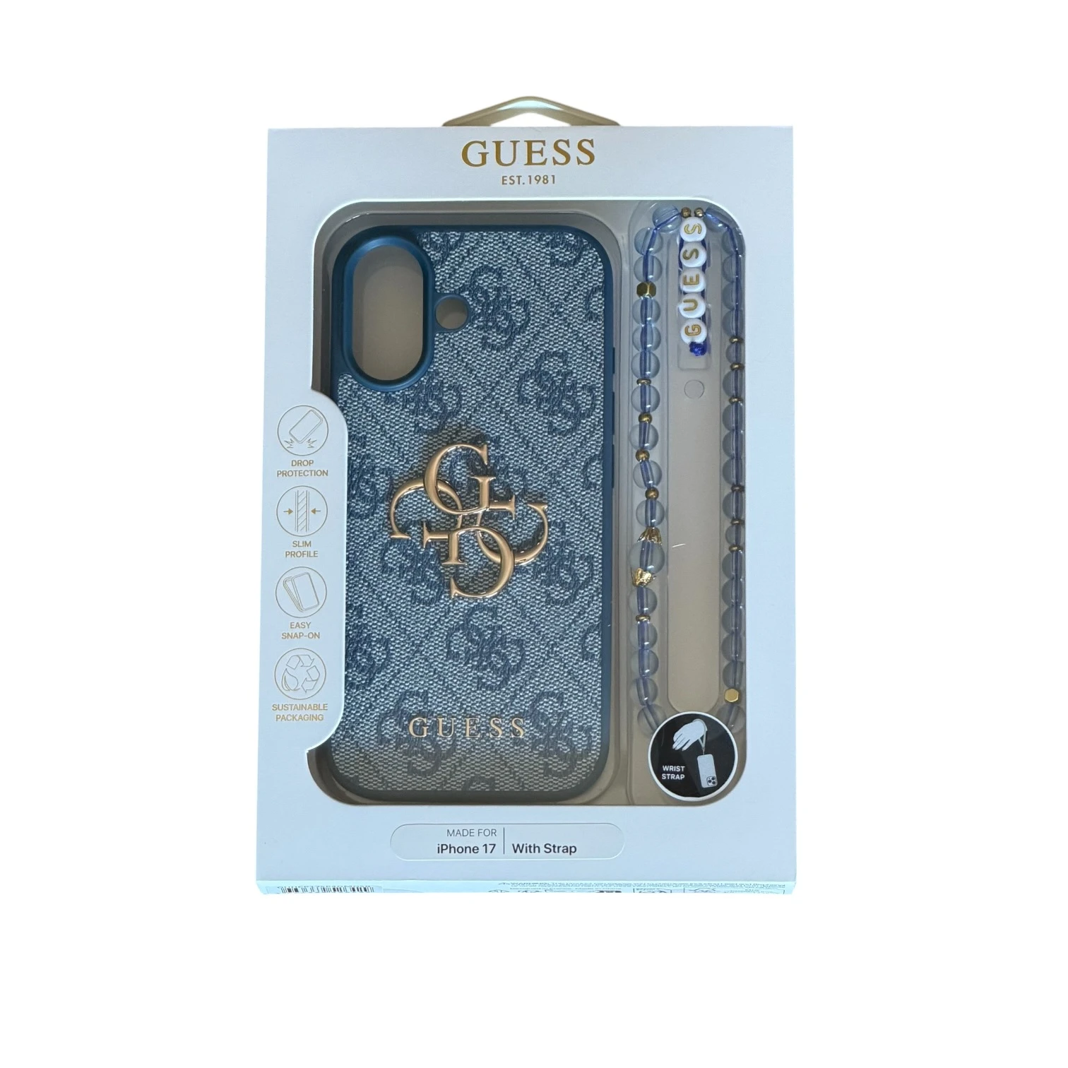 Funda para iPhone Guess en color azul con monograma 4G, logotipo dorado y colgante de cuentas a juego.