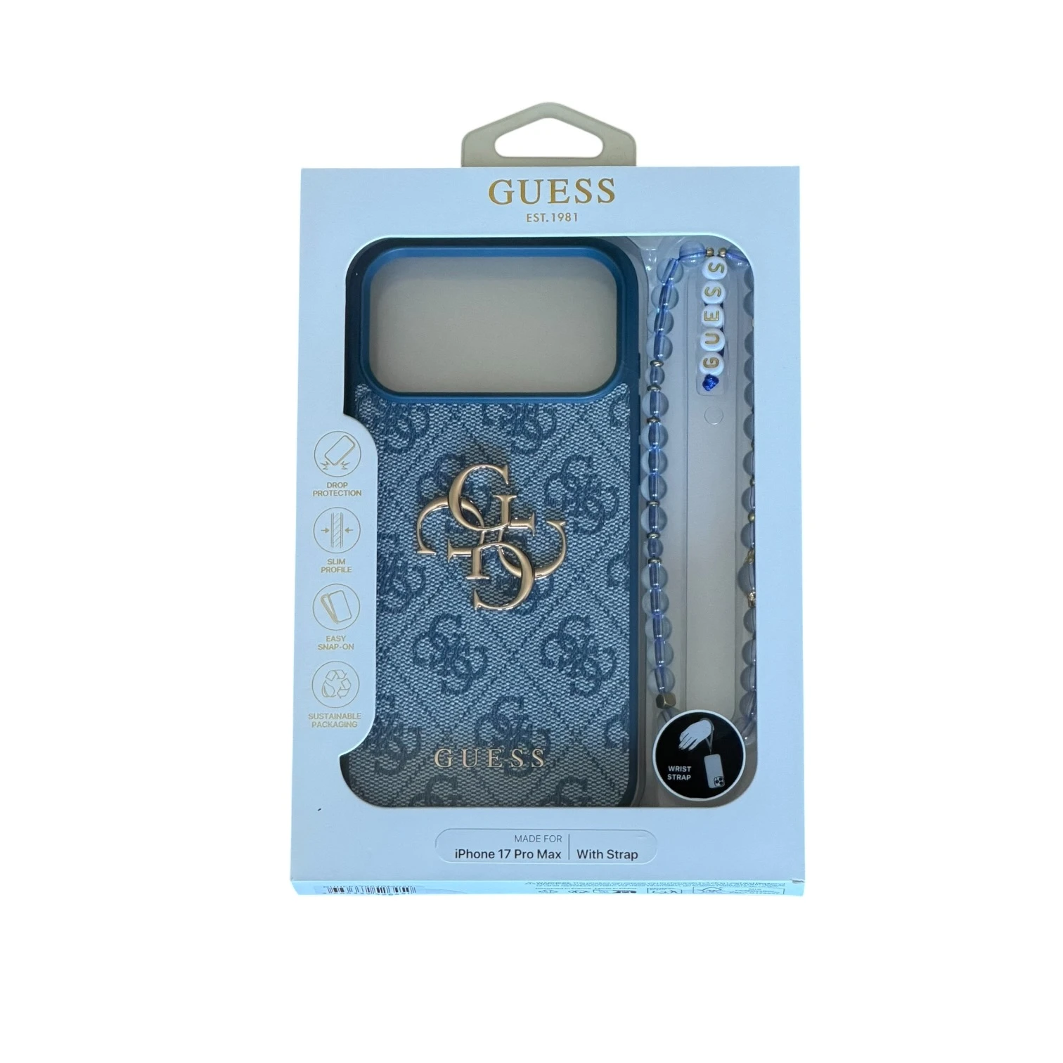 Funda para iPhone Guess en color azul con monograma 4G, logotipo dorado y colgante de cuentas a juego.