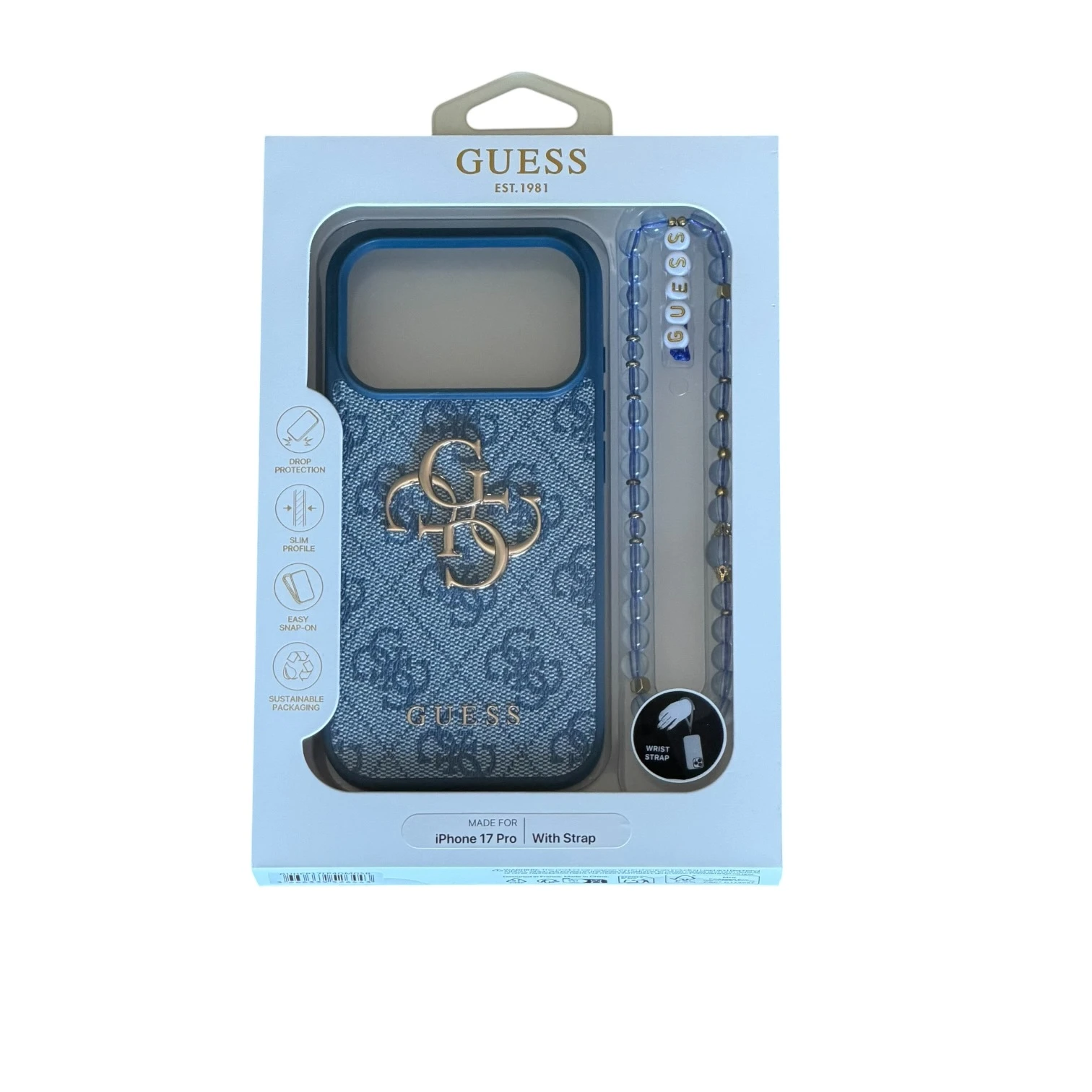 Funda para iPhone Guess en color azul con monograma 4G, logotipo dorado y colgante de cuentas a juego.