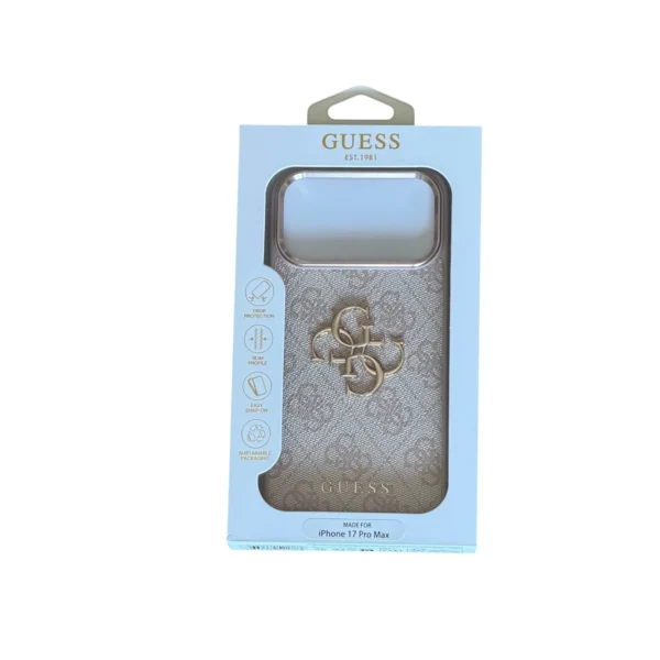 Funda rosa de Guess con logo 4G en dorado.
