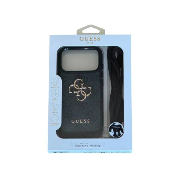Funda negra para iPhone con logo 4G en tono dorado con correa bandolera a juego.