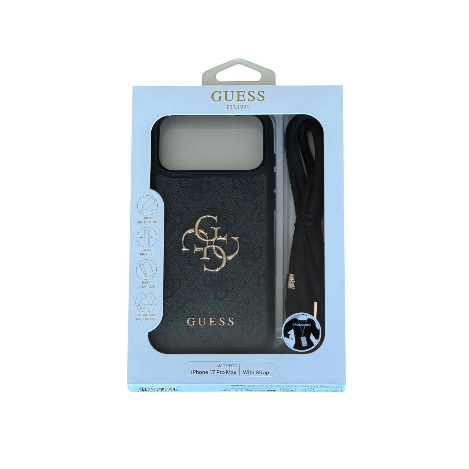 Funda negra para iPhone Guess con logo 4G en tono dorado y corra bandolera universal a juego.