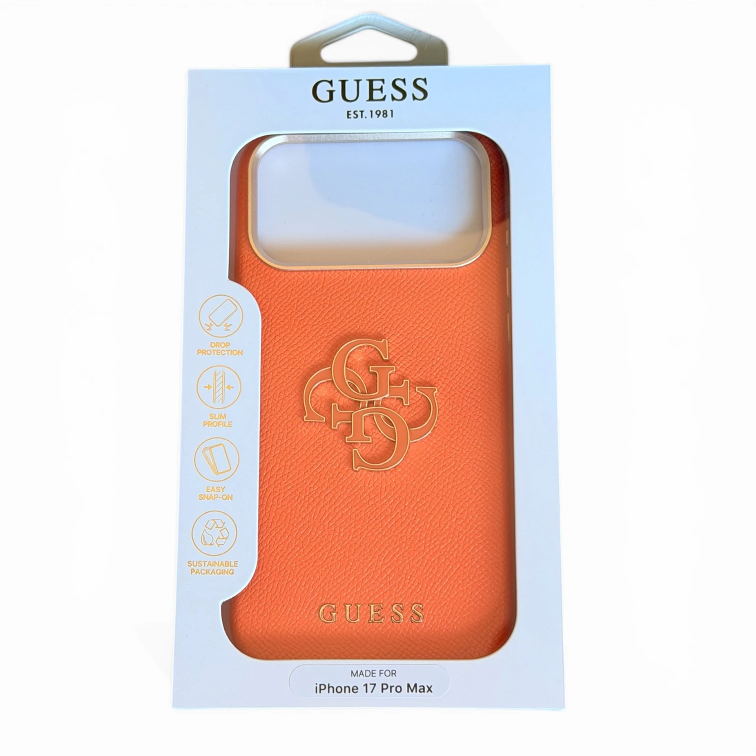 Carcasa de Guess para iPhone 17 Pro Max en naranja con logo en 4G tono dorado.